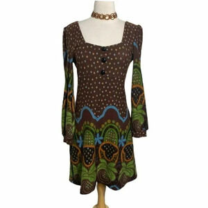 Funky People‎ M brown/multi Boho hippie long sleeve square neck dress